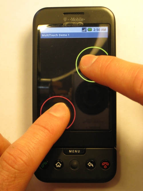 MultiTouch running on the G1 without kernel modification (red and green circles are drawn where touch points are detected)