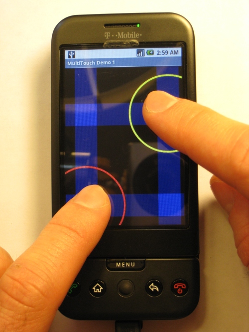 Two touch points being detected, with blue bars indicating the column and row of each touch point